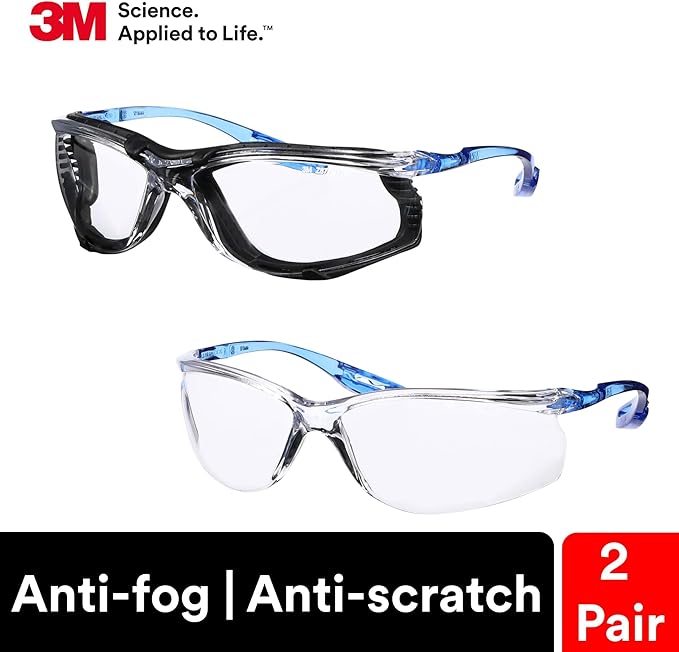 3M Safety Glasses, Virtua CCS and Virtua Sport CCS 2-Pack, Anti-Fog, Anti-Scratch, Clear Lens, ANSI Z87, Corded Ear Plug Control System, Removable Foam Gasket
