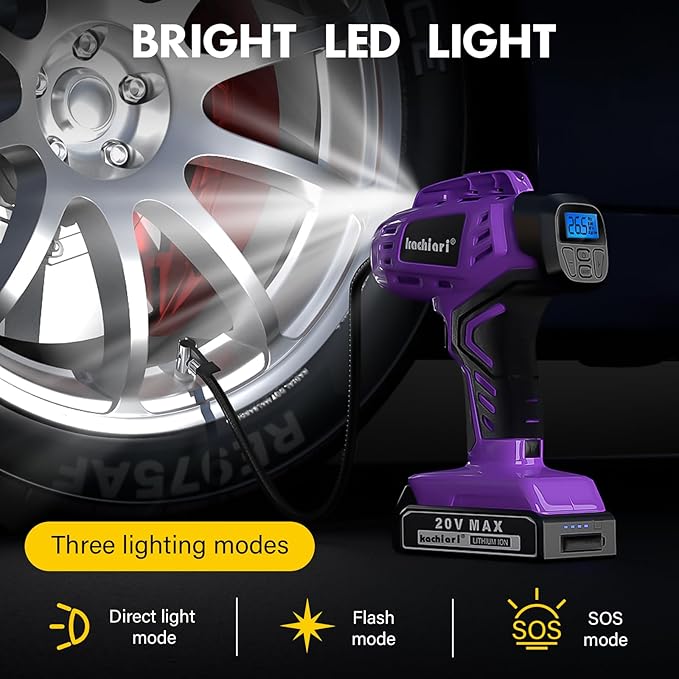 Tire Inflator Portable Air Compressor, 20V Cordless Car Tire Pump, Rechargeable Battery Powered Air Compressor w/12V DC Adapter Purple