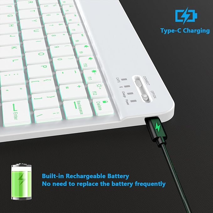 Backlit Bluetooth Keyboard Small Portable Wireless Keyboard Rechargeable Illuminated for Android Samsung Tablet Cell Phone Smartphone iPad A16 11th 10th Generation iPad Pro Air Mini iPhone (White)