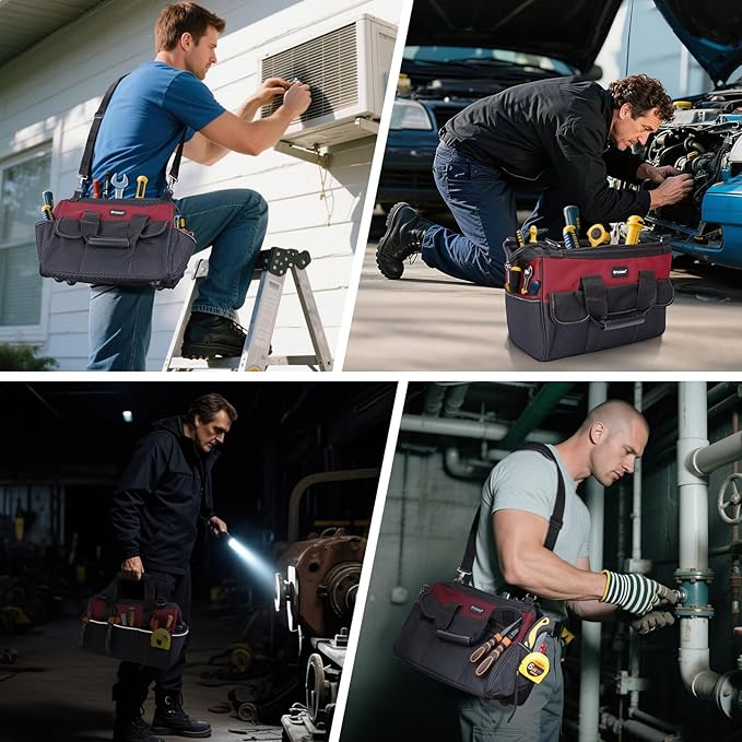 TICONN Heavy Duty Tool Bag with Multi-Pockets, Portable Tool Box Organizer Storage Bag, with Adjustable Shoulder Strap and Ergonomic Handle (Red, 16" Standard Base)