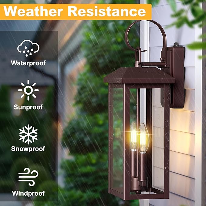 Extra Large Exterior Lighting Fixtures Bronze, Dusk Till Dawn Outdoor Light Fixture, 2-Light Outdoor Wall Fixture with E12 Socket, 18" Porch Light Fixtures for House, Garage, Patio, Door, Backyard