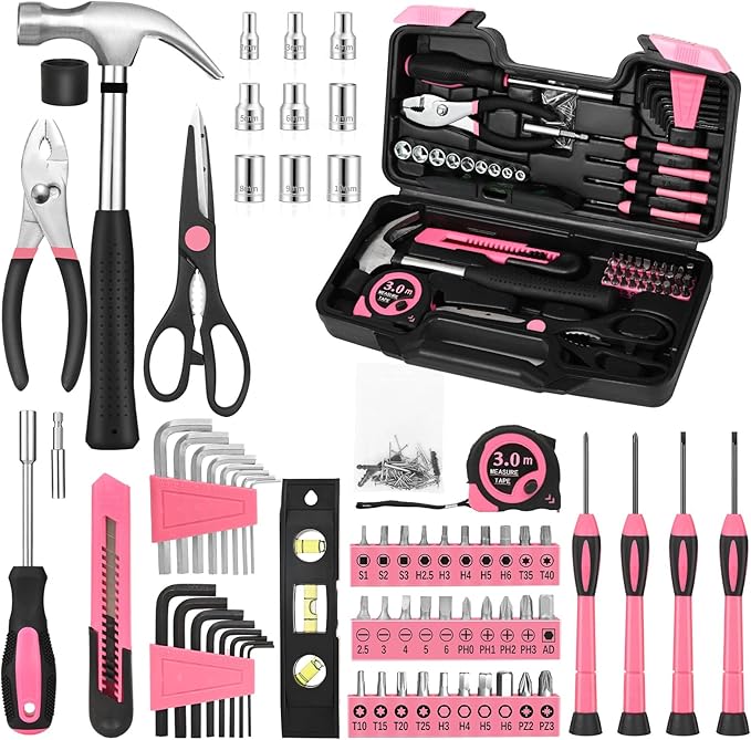 144-Piece Pink Tool Kit Basic Home Repair Tool Set General Household Hand Tool Kit Small Tool Kit with Plastic Toolbox Mini Tool kit for Women, Office & College Repairs