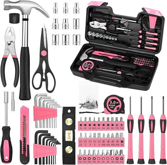 144-Piece Pink Tool Kit Basic Home Repair Tool Set General Household Hand Tool Kit Small Tool Kit with Plastic Toolbox Mini Tool kit for Women, Office & College Repairs