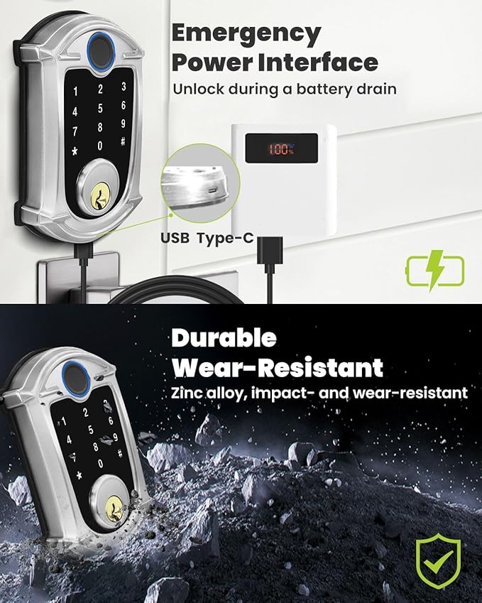 Keyless-Entry Deadbolt Smart Lock Waterproof IP56 Digital Exterior Locks for Front Door,Smartphone Control Fingerprint Door Lock with Keypad and Key Fob Satin Nickel - UF02-SN GreenShield