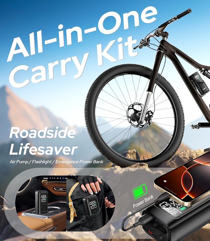 WARWOLF 160PSI Tire Inflator Portable Air Compressor - 48LPM Fast Air Pump for Car Tires: SUV, Light Truck, Motorcycle, Bike, 10000mAh with Auto Shut-Off, Digital Gauge, 12V Car Adapter, LED Light