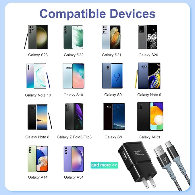 Adaptive Fast Charging Wall Charger with USB C Cable 10Ft, Excgood Fast Charger Power Adapter USB Type C Cable Fast Charging Compatible with Galaxy S25 S24 S23 S22 S21 S8 S9 S10 A15 A03s Android Phone