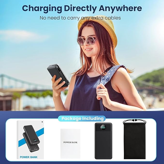 Portable Charger USB C Power Bank with 2 Built in Cables & AC Wall Plug,13800mAh Portable Battery Pack Fast Charging Compact LED Display Universal Compatible with iPhone 16/15,Galaxy S23,Tablets etc