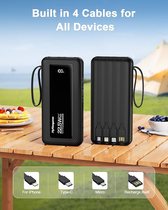 Portable Charger with Built in Cables, Slim 10000mAh Fast Charging 22.5W Power Bank USB C LED Display Battery Pack 6 Outputs & 2 Inputs for iPhone Samsung Pixel LG Moto iPad
