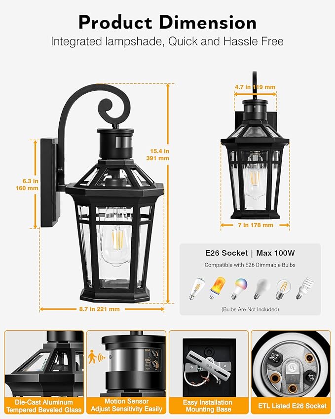 Motion Sensor Outdoor Wall Lights, Black Dusk to Dawn Porch Light Wall Mount, Exterior Lighting Fixtures, Outdoor Wall Sconce Lantern with Adjustable Sensor Range, Coach Lights for Garage Patio