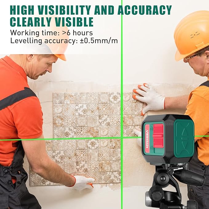 HYCHIKA Laser Level 360 Self Leveling, 50 ft Lazer Leveler Tool, Green Cross Line Lazer Level for Picture Hanging, Tile, Decoration & DIY Indoor/Outdoor Construction, Battery & L-Bracket Included