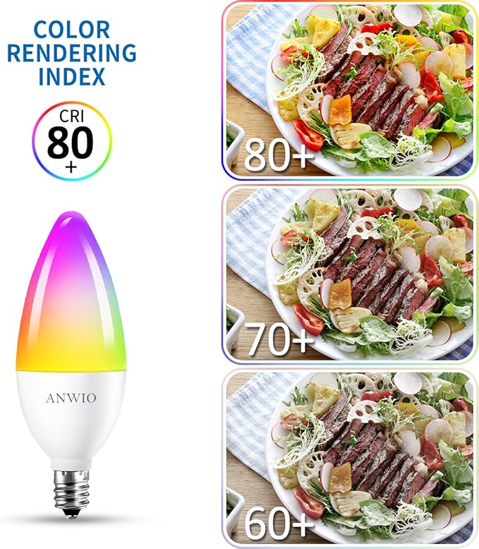 ANWIO Smart Light Bulbs, Smart Candelabra LED Bulb, Smart Chandelier Light Bulbs, 4.9W (40W Equivalent) 470LM, E12 Smart Bulbs, Compatible with Alexa Google, Only 2.4GHz WiFi No Hub Required, 2 Pack