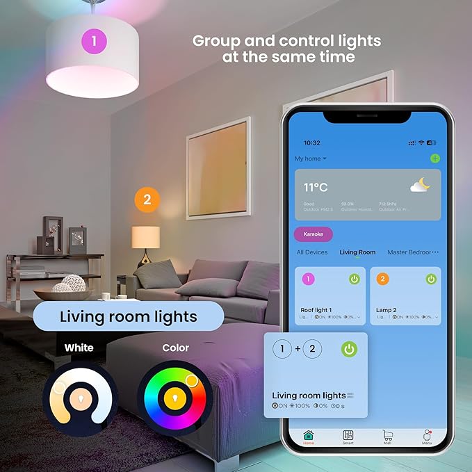 VTA+ Smart Light LED Bulb Kit x2 E27 RGB - WiFi 2.4Ghz only, Alexa and Google Home Compatible, Adjustable Colors & Temperature, Easy Installation and Setup, 9W, 800 Lumens