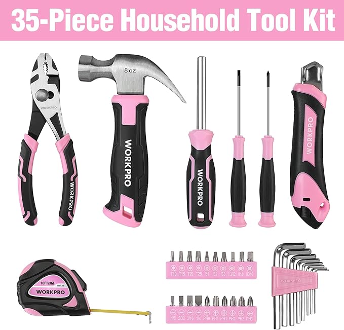 WORKPRO 35-Piece Pink Tools Set, Household Tool Kit with Storage Toolbox, Basic Tool Set for Home, Garage, Apartment, Dorm, New House, Back to School - Pink Ribbon