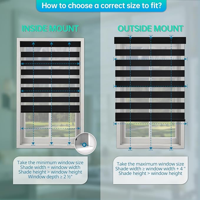 Motorized Zebra Blinds, Solar Powered Dual Layer Automatic Shades with Remote Control, Rechargeable Smart Blinds Horizontal Wireless Electric Shades for Windows, Custom Size, Black, 33 x 72