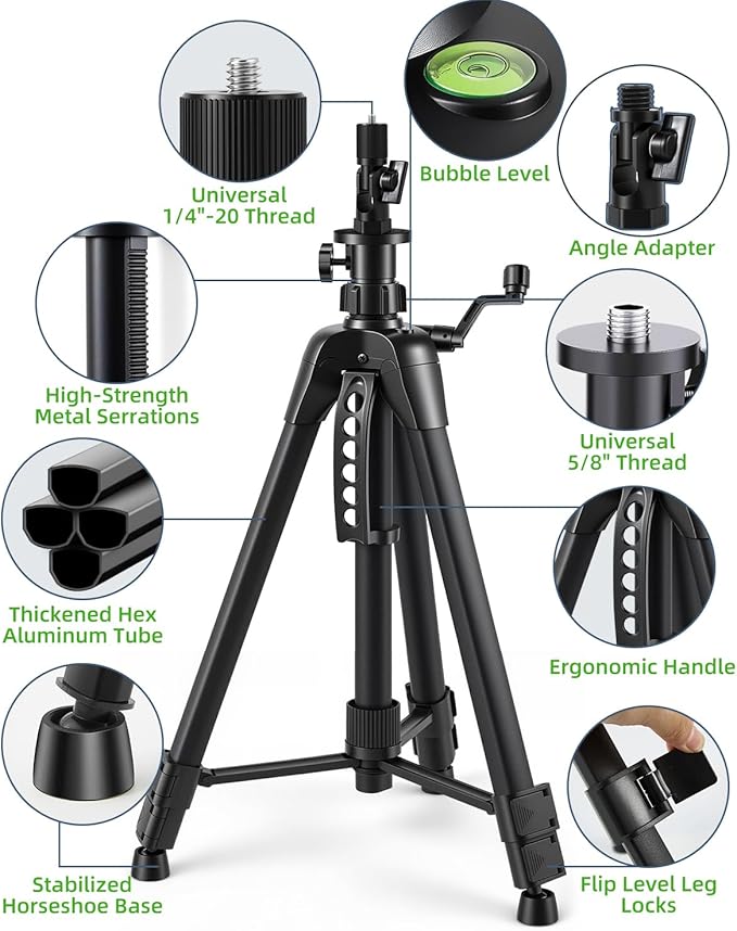 Professional 59 Inch Laser Level Tripod Stand with 1/4“ 5/8” Thread & Angle Adapter, Bubble Level, for Laser Line Leveling, Aluminum Alloy