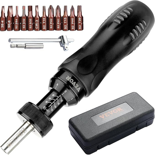 VEVOR Torque Screwdriver, 1/4" Drive Screwdriver Torque Wrench with Scale, 10-70 in/lbs Torque Range, 1 in-lbs Torque Increment, with Bits & Case