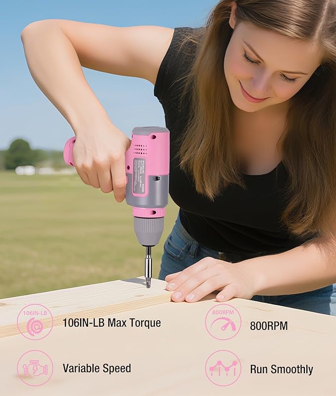 WORKPRO Pink Cordless 8V Drill Driver Set, 2Ah Electric Power Drill with 3/8'' Keyless Chuck, 15pcs Bits & 1 Type-C Charging Cord for Drilling and Screwing - Pink Ribbon