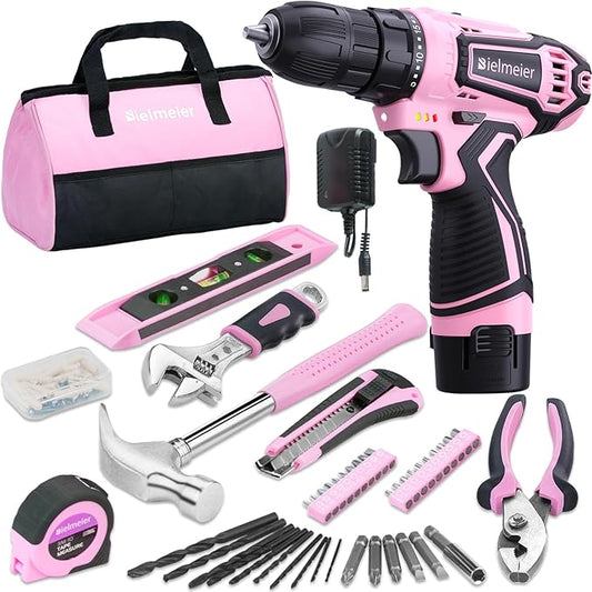 12V 82Pcs Cordless Pink Drill Set - Essential Women's Pink Tool Set, Lady's Basic Home Tool Kit with Pink Tool Bag - All in One Pink Tool Kit Ideal for DIY, Home Improvement