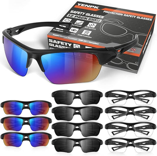 12 Pack Safety Glasses, UV Protective Eyewear, ANSI Z87.1 Impact Resistant Anti-Scratch Safety Goggles for Men Women