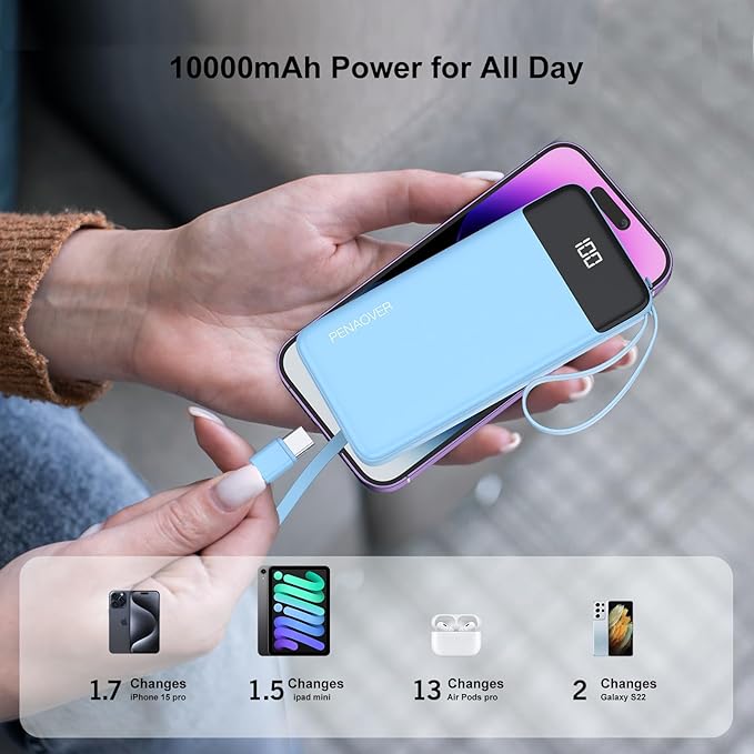 Portable Charger 10000mAh Power Bank with Built-in Cable, 5 Output 2 Input Travel Essential External Battery Pack with LED Display Compatible with iPhone 16/15 Samsung S22 Android,etc