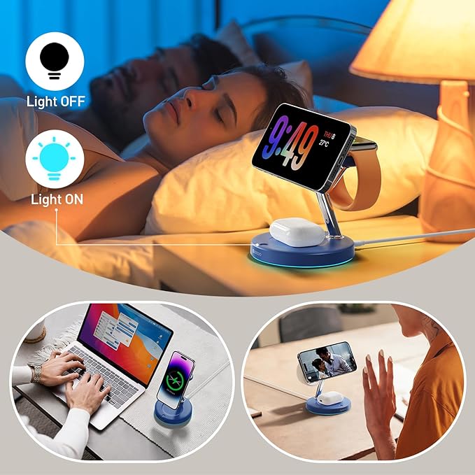 3 in 1 Charging Station Compatible with Mag-Safe Charger Wireless Charger Stand for iPhone 16 15 14 13 12 Series Wireless Charging Station for AirPods Wireless Charging Stand for iWatch Series (Blue)