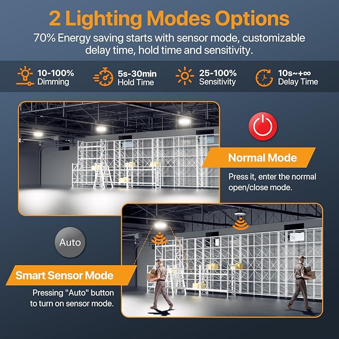 DEMILAR Smart Shop Lights 200W Micware Motion Sensor 24000LM UFO LED High Bay Light with Multi-Function Remote, 10%-100% Dimmable IP65 Waterproof 5000k Garage Lighting 2Pack (Old Remote)