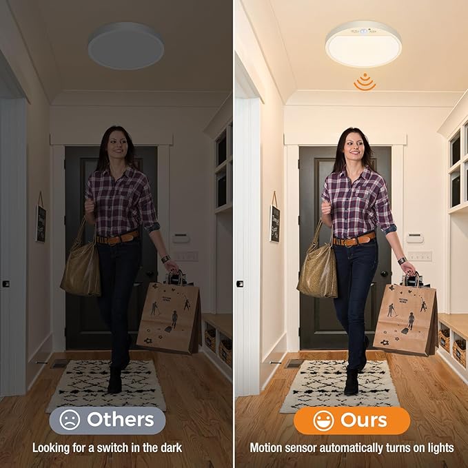 slochi Motion Sensor Light Indoor Wired, 8.7 Inch 3000K/4000K/6500K Closet Lights Motion Sensored, 18W 1800LM Flush Mount Ceiling Light for Hallway Pantry Stairwell Porch, White