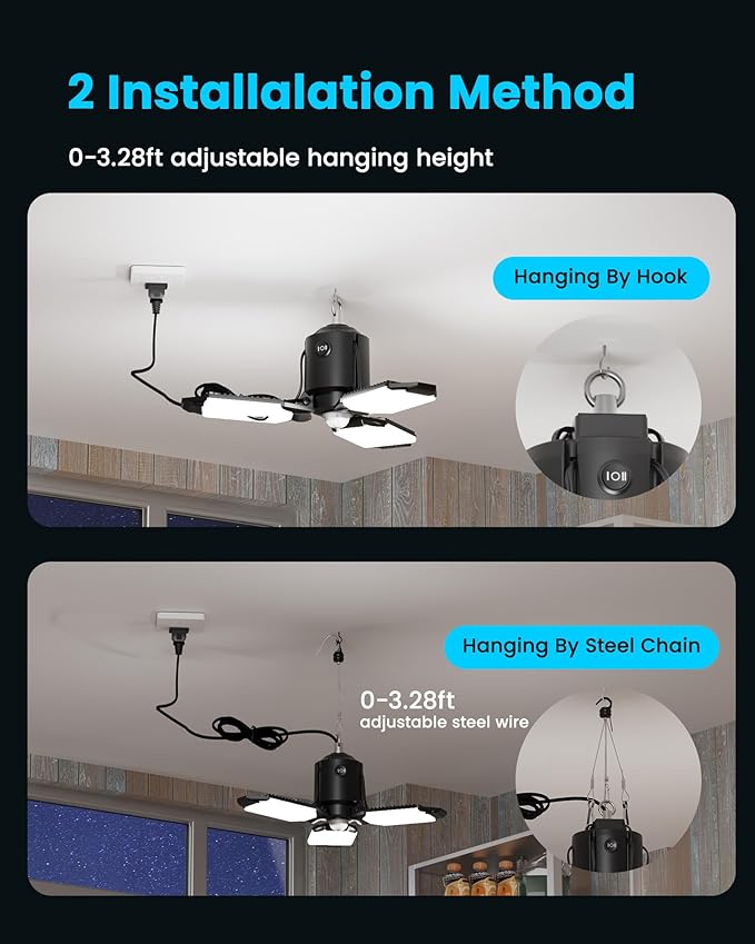 Garage Motion Sensor Lights Plug-in 2Pack, 8000LM Super Bright Motion Activated LED Shop Light, 360° Detection & Retractable Steel Wire, Indoor Motion Light Bulb for Attic/Barn