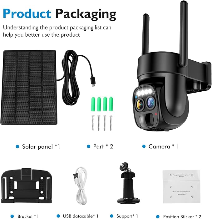 Hawkray Pannel Solar Wireless Outdoor Security Camera, Dual-Lens, 10xZoom, 2K Resolution 3MP 360°Pan/Tilt,2.4&5G WiFi Battery Powered Camera with Spotlight Alarm PIR Motion Detection