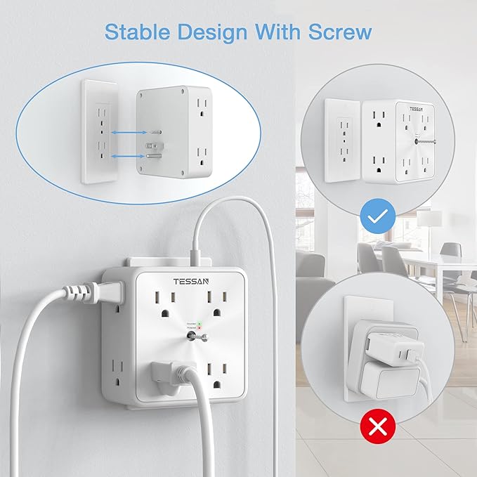 Surge Protector 8 Outlet Extender, TESSAN Multi Outlet Splitter with 3 USB Wall Charger (1 USB C Port), 3-Sided Multiple Plug Power Strip 1700J, Charging Station for Home Office Dorm Room