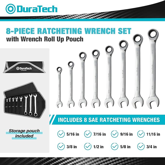 DURATECH Ratcheting Wrench Set, Combination Wrench Set, SAE, 8-piece, 5/16" to 3/4", CR-V Steel, with Pouch