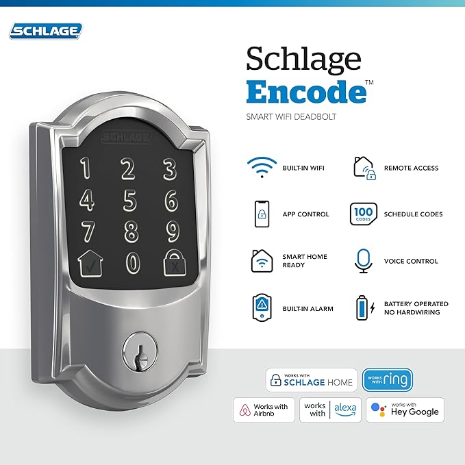 Schlage Encode Smart WiFi Deadbolt with Camelot Trim In Bright Chrome