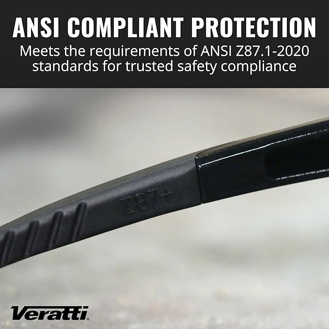Veratti V1023N Safety Glasses, Gray Anti-Scratch Lens, ANSI Z87.1, Removable Strap, Black Frame, Impact Resistant