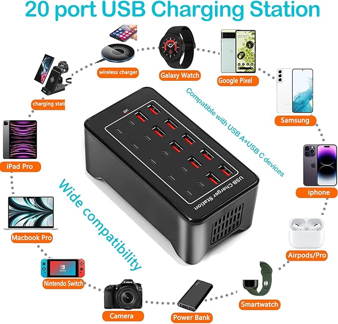 USB C Charger Block, 100W(20A) 20 Port Multiport USB Hub Desktop Fast Wall Charger, 10 Port USB C and USB Charging Compatible for Apple iPhone, iPad, Tablets, Samsung Galaxy