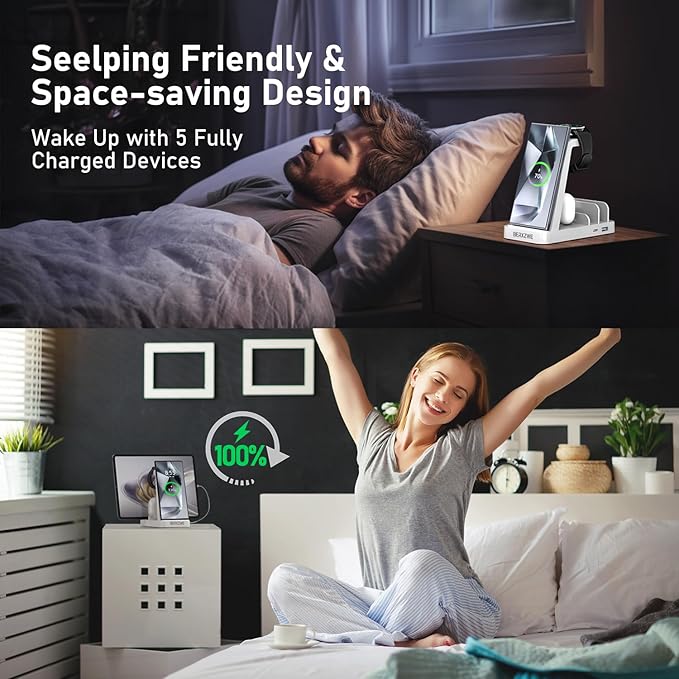 Wireless Charger for Samsung, 5 in 1 Wireless Charging Station for Samsung, Charger Dock Stand for Galaxy Watch Ultra 7 6 5 4 3, Galaxy S25 S24 Ultra S23 S22 S21, Note 20 10 Z Fold Buds, White