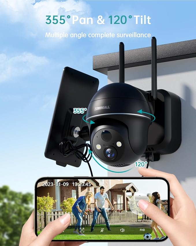 ZUMIMALL Solar Security Cameras Wireless Outdoor, 360° View Outdoor Camera Wireless Solar Powered,2.4G WiFi,2K/3MP Color Night Vision,2-Way Talk, PIR Motion Alert, Cloud Storage, Work with Alexa