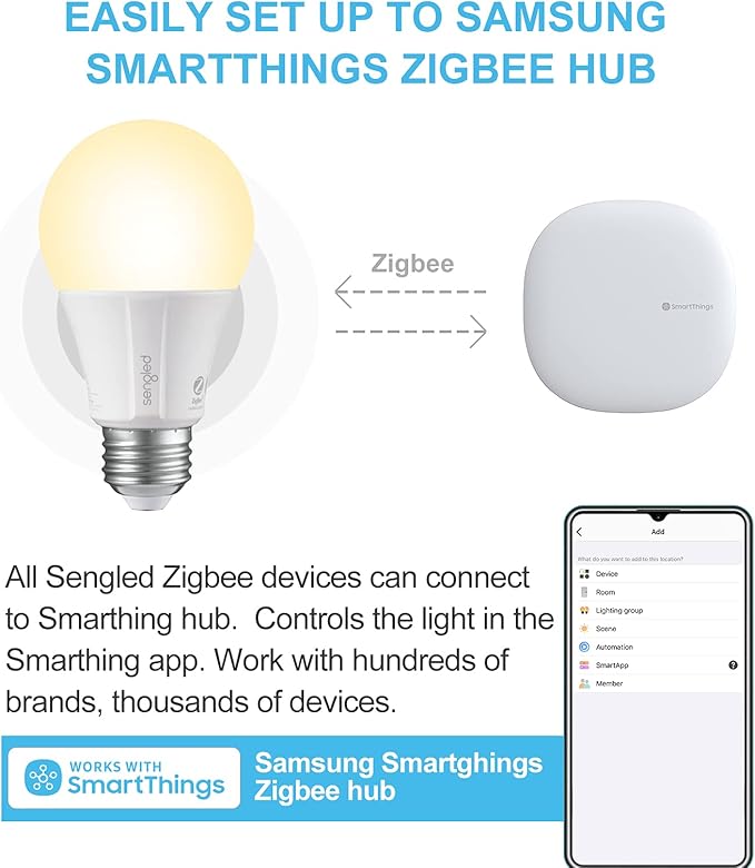 Sengled Zigbee Smart Light Bulbs, Smart Hub Required, Works with SmartThings and Echo with Built-in Hub, Voice Control with Alexa and Google Home, Soft White 60W Eqv. A19 Alexa Light Bulb, 6 Pack