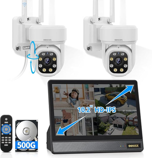 (10’’ UHD Monitor) 2-Way Audio 2-Antennas Enchance WiFi Wireless 5MP PIR Outdoor Camera Wireless Home Security Cameras System with Monitor Indoor Video Surveillance