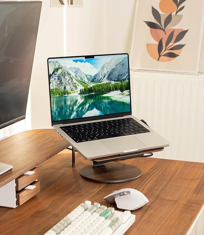 Adjustable Laptop Stand with 7-in-1 Hub, Foldable Portable Aluminum Laptop Riser with 360° Swivel Base for Desk, Ergonomic Computer Notebook Stand Holder for All Laptops 10-17"-Gray (Wooden)