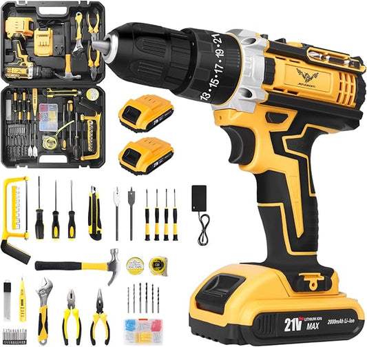 Cordless Drill Tool Kit Set: 21V Power Drill Tool Box with Battery, 2-Speed, 42N.m Max, Electric Screwdriver Driver for Men Home Hand Repair Basic Toolbox Tools Sets Drills Case
