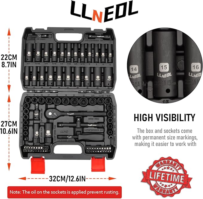 Impact Socket Set 3/8 Drive,95Pcs Deep&Shallow Socket Wrench Set,6 Point Metric&Standard Full |5/16"-3/4",8-22mm| with Spark Plug Sockets,72T Ratchet Handle, Screwdrivers for Automotive&Home