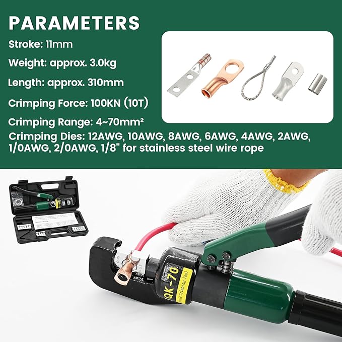 10T Hydraulic Crimping Tool 12 AWG to 2/0 AWG Battery Cable Crimper Tool Hydraulic Lug Crimper Electrical Terminal Wire Crimper with 9 Pairs of Dies Kit, Green