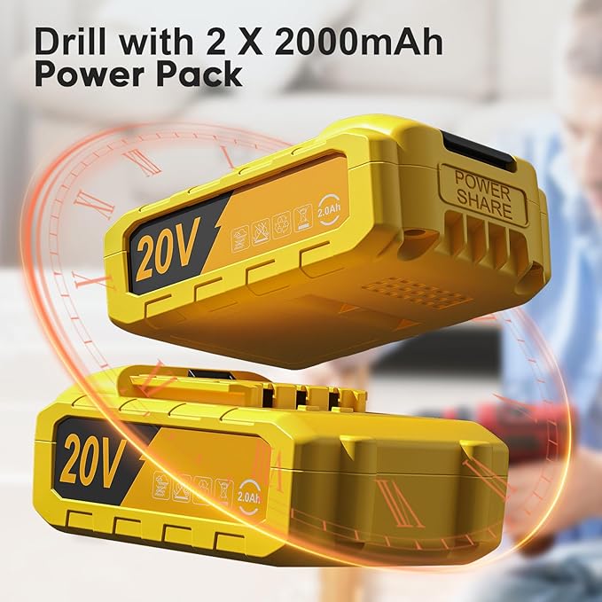 Cordless Drill, 20V Power Drill, Double 2000mAh Power Pack Electric Drills, Cordless Drills with Power Pack and Charger, 3/8" Keyless Chuck Screwdriver with 25+1 Max 370 In-lb Torque, 42Pcs Bits