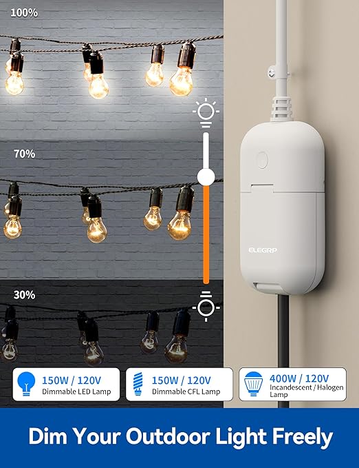 ELEGRP PQR11 Outdoor Smart Dimmer Plug Waterproof IP66, Smart WiFi Plug Compatible with Alexa & Google Assistant, Outdoor Dimmer for String Lights, No Hub Required, UL Certified, 1 Pack, Grey