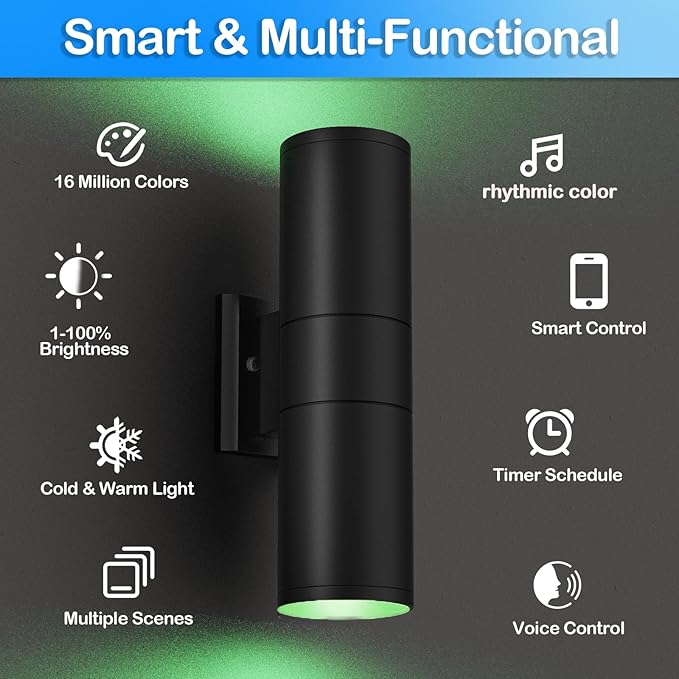 wowlite RGB Up and Down Lights Outdoor Wall Sconce 4 Pack, Smart Color Changing Porch Lights Outdoor Wall Sconce Light WiFi Voice & App Control, Tunable White Exterior Lights for House Porch Garage