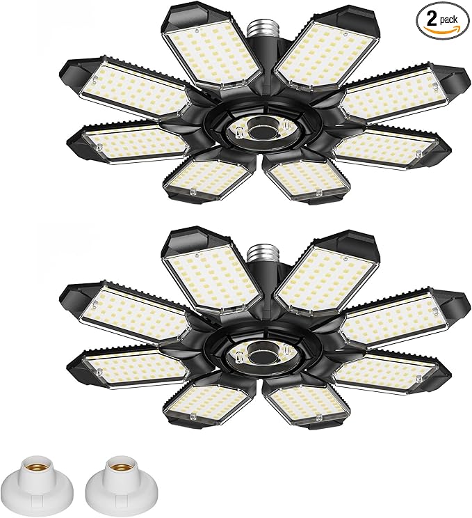 Motion Sensor Garage Lights 2 Pack, 25000LM Motion Activated Shop Light with 8+1 LED Deformable Panels, 360° Detection, Motion Sensor Ceiling Light for Garage, Workshop, Basement, Laundry Room