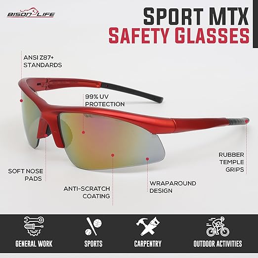 BISON LIFE Sport MTX Red Mirror Lens Safety Glasses, ANSI Z87+, Impact Resistant, Anti-Scratch UV Protection Lens for Shooting, Yard Work, Cycling, and Outdoor Activities (1 Pack)