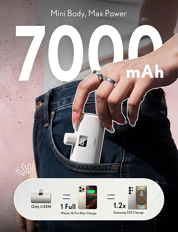 LISEN Mini Portable Charger 7000mAh Power Bank for iPhone 17 Pro Max Air 16 15, 22.5W PD Fast Charging Power Bank, Small Portable Charger USB C Samsung Google Pixel 9 iPad Pro/Air AirPods, Ivory White