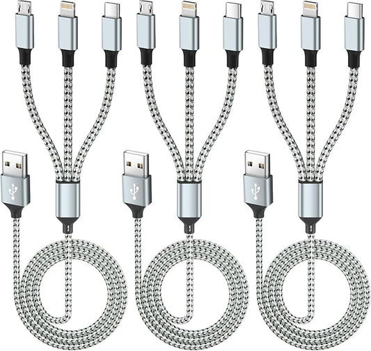Multi Charging Cable(3Pack 4FT), 3 in 1 Charging Cable for Multiple Devices, Multi Phone Charger Cord with Type-C, Micro USB and IP Port for iPhone 16/15/14/13/iPad/Android/Tablets and More