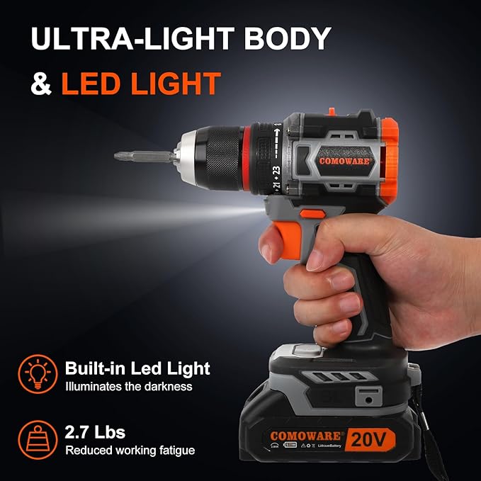 COMOWARE 20V Cordless Drill, Brushless Power Drill Set with 1.5Ah Li-ion Battery & Fast Charger, 23+1 Clutch 1/2" Keyless Chuck Max 38 N.m, Dual Speed Electric Drill Driver Accessories